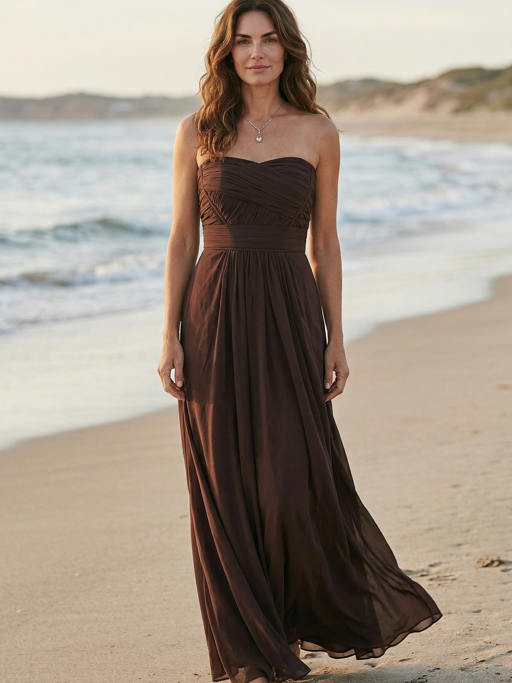 Monique L'huillier Strapless Chocolate Brown Sheer Crepe  Evening Gown.  Size 10